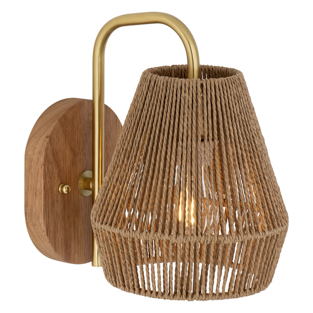Kaden Satin Brass and Natural Wood with Rope Shade E27 Wall Light