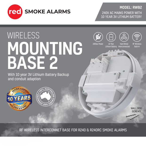 RWB2 Red Wireless Mounting Base for Smoke Detector 240v Hardwired
