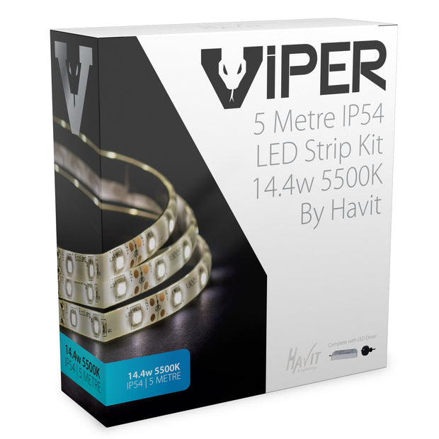 Viper 14.4w per metre 5m 5500K Daylight LED Strip Kit - IP54 complete with plug