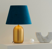 Misty Satin Gold Table Lamp with D28cm Shade in Forest Blue Velvet