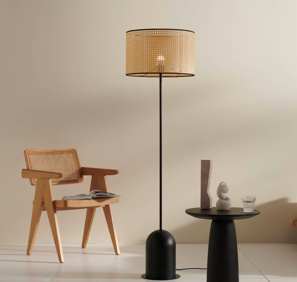 Kimi Black Floor Lamp with 40cm Shade in Rattan