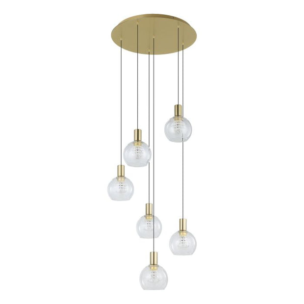 Terque 6x5.4w LED 3000K Brushed Brass and Glass Dimmable Cluster Pendant