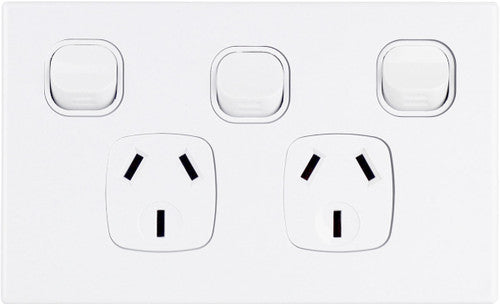 White Slimline Double GPO With Extra Switch