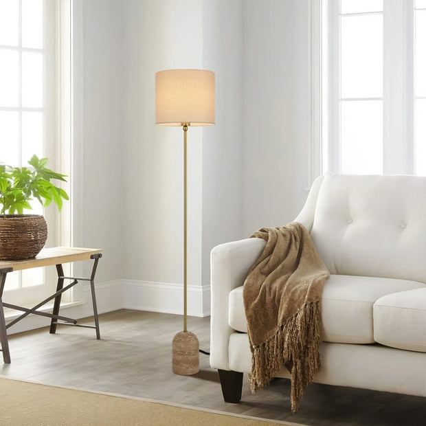 Livia Floor Lamp Natural Travertine, Antique Gold and Cream