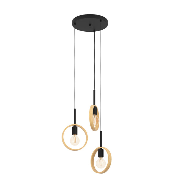 Ipsden 3 Light Black with Light Wood Pendant