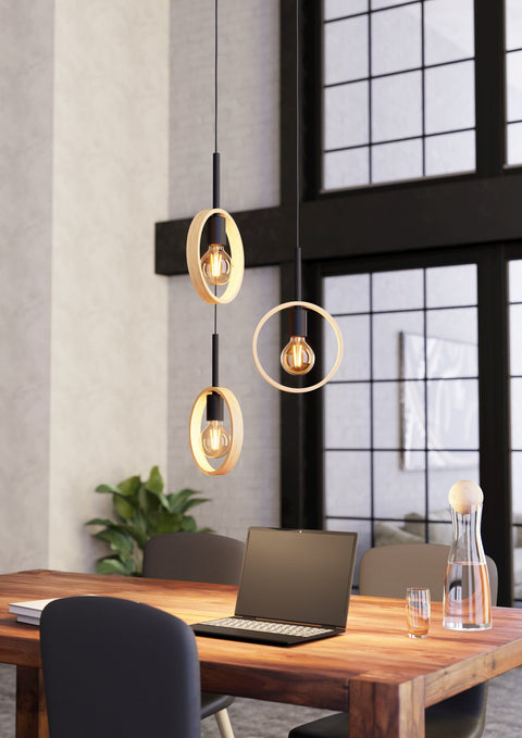 Ipsden 3 Light Black with Light Wood Pendant