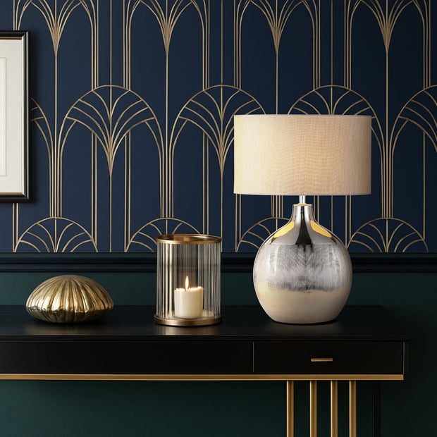 ANCORA Silver and Natural Shade Ceramic E27 Table Lamp