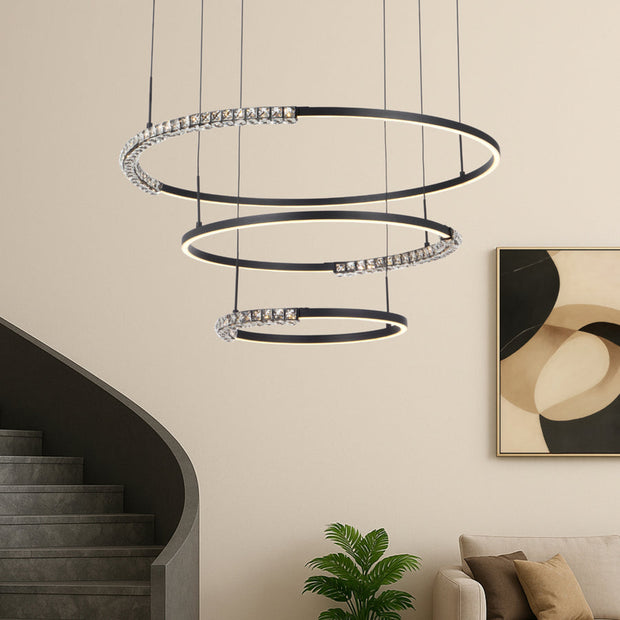 BRERA 80W LED CCT 3 Tier Black Chrome with Crystal Details Round Pendant