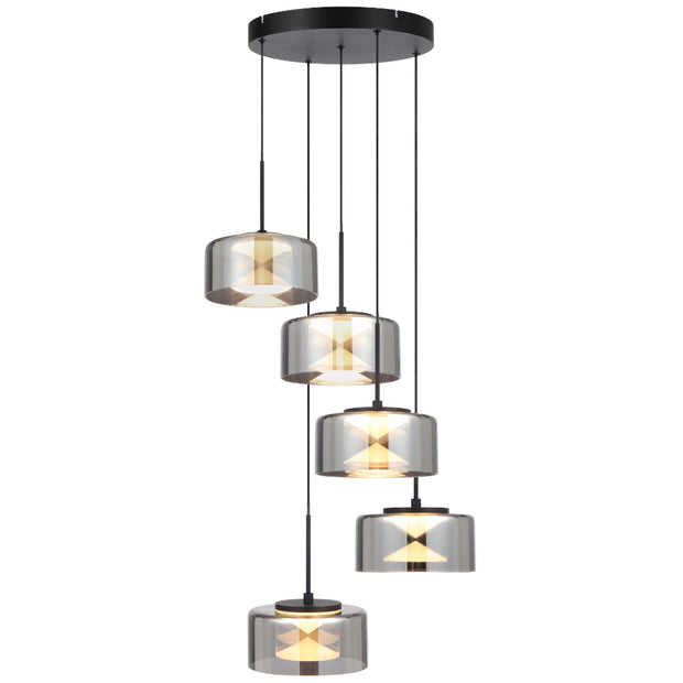 CEDRO 5 Light 40w LED CCT Black Smoke Glass Pendant
