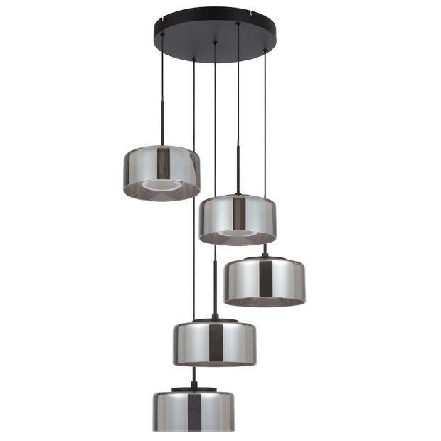 CEDRO 5 Light 40w LED CCT Black Smoke Glass Pendant