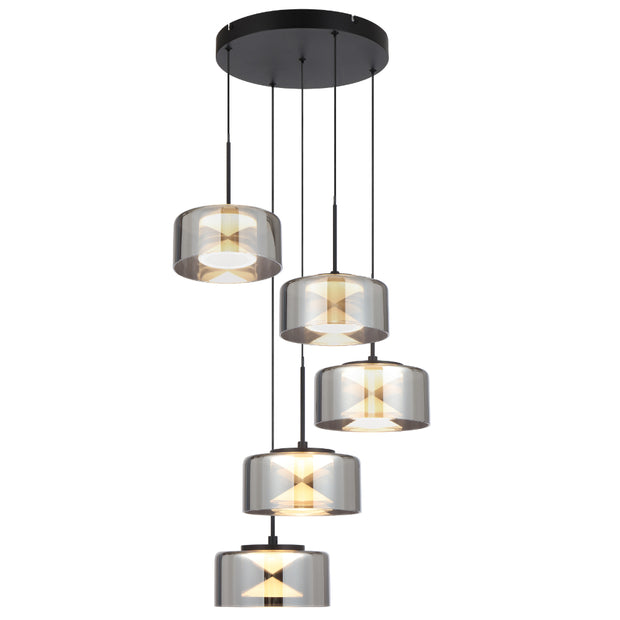 CEDRO 5 Light 40w LED CCT Black Smoke Glass Pendant