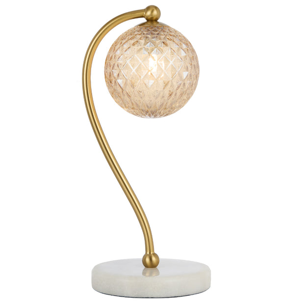 Felton Table Lamp White Marble, Antique Gold with Amber Tear Pattern Glass