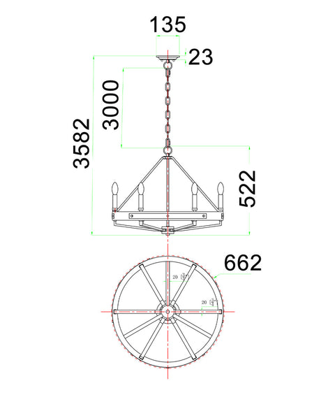 Funale Pendant 6lt Small Candelabra Medium Oak Wood and Satin Brass