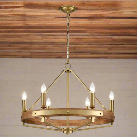 Funale Pendant 6lt Small Candelabra Medium Oak Wood and Satin Brass