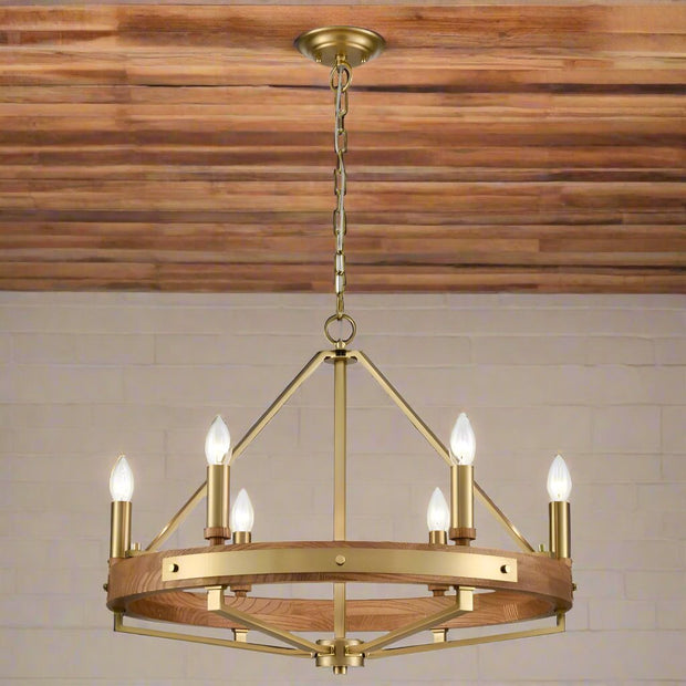 Funale Pendant 6lt Small Candelabra Medium Oak Wood and Satin Brass