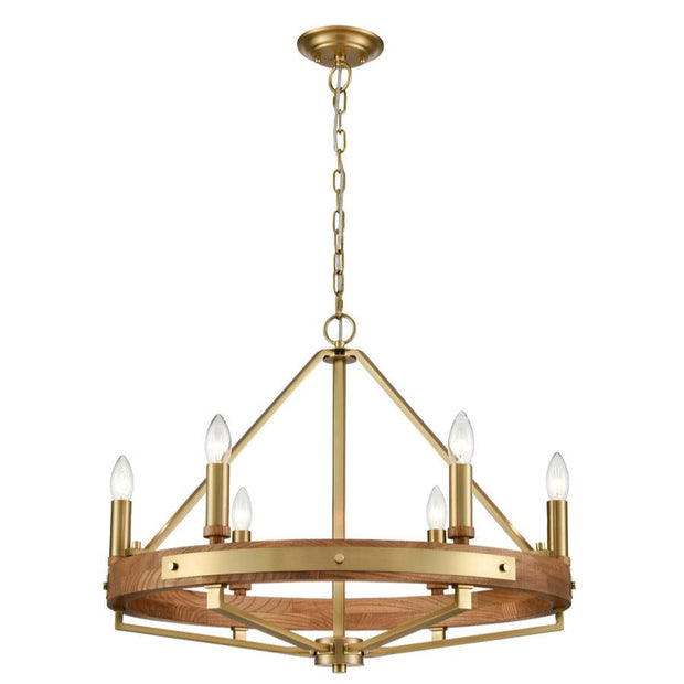 Funale Pendant 6lt Small Candelabra Medium Oak Wood and Satin Brass