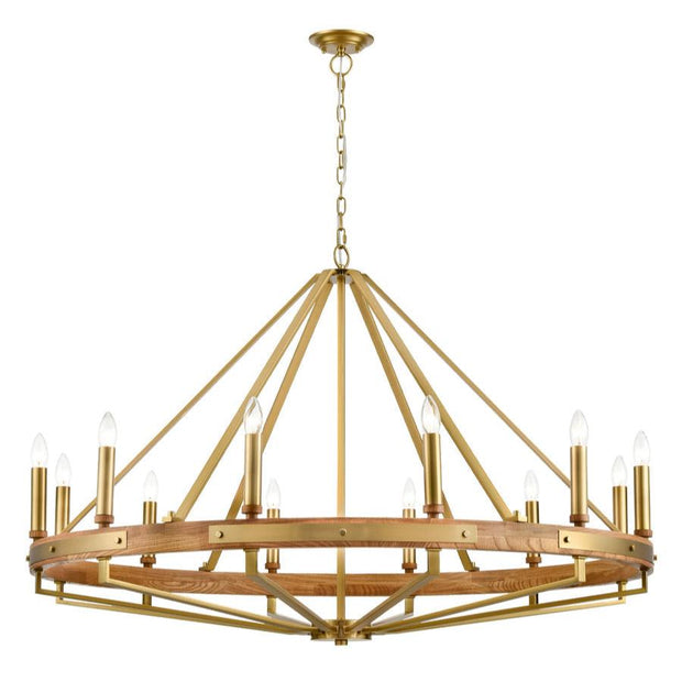 Funale Pendant 12lt Medium Candelabra Medium Oak Wood and Satin Brass