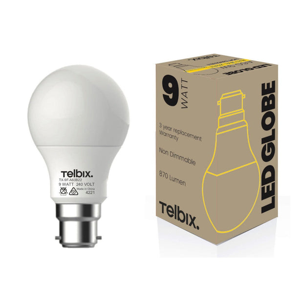 9w B22 LED 3000K A60 Opal Globe