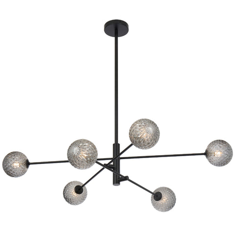 Gaston 6lt Pendant Black with Smoke Tear Pattern Glass