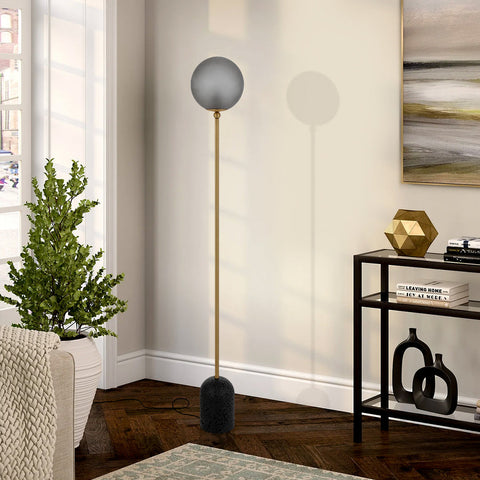 Gina Floor Lamp Black Travertine, Antique Brass and Smoke
