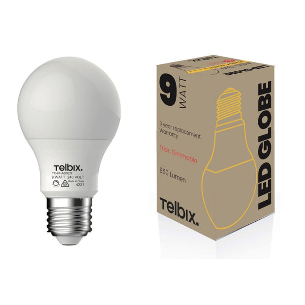 9w E27 LED 3000K A60 Dimmable Opal Globe