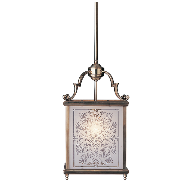 HL-GE-PB Charles 1lt Square Lantern Pendant Polished Brass with Etched Glass