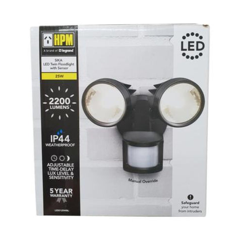 HPM SIKA 25W 2200lm LED Cool White Twin Spot Light with PIR Sensor Black