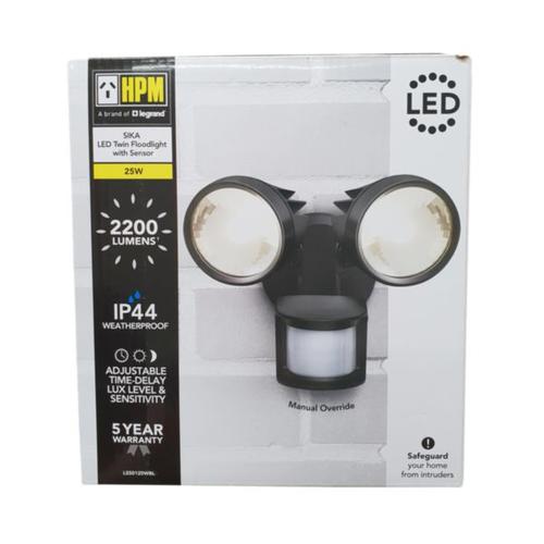 HPM SIKA 25W 2200lm LED Cool White Twin Spot Light with PIR Sensor Black