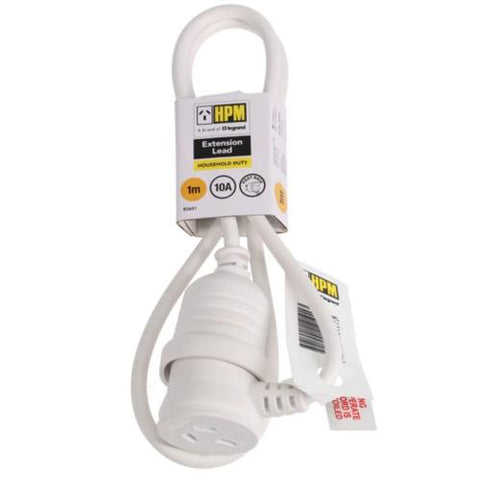 HPM Household 10A 3 Core 1.0mm² Piggyback Extension Lead 1m White