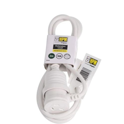 HPM Household 10A 3 Core 1.0mm² Piggyback Extension Lead 2m White