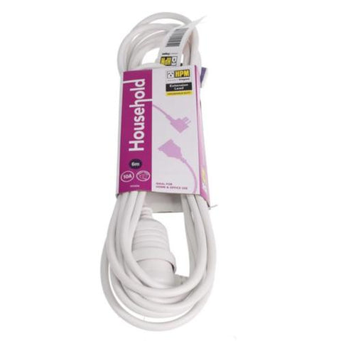 HPM Household 10A 3 Core 1.0mm² Piggyback Extension Lead 6m White