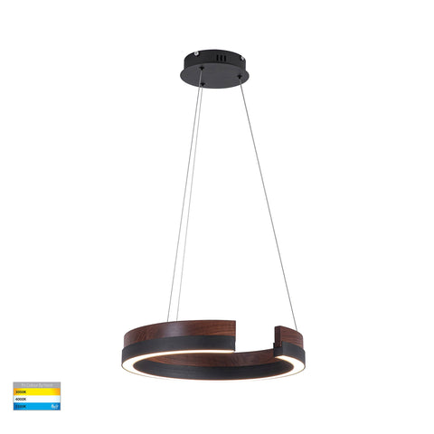 Orah 40w CCT LED 600mm Dark Walnut Timber + Black Aluminium Dimmable Round Pendant