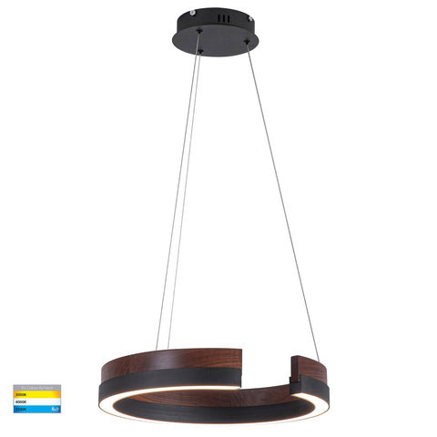 Orah 60w CCT LED 800mm Dark Walnut Timber + Black Aluminium Dimmable Round Pendant