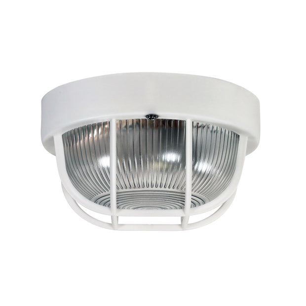 RUND White 18cm E27 IP54 Round Caged Black Bunker Light