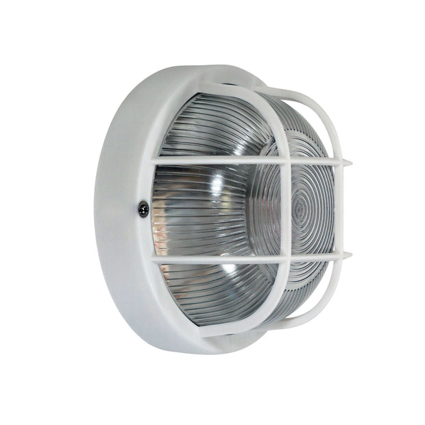 RUND White 18cm E27 IP54 Round Caged Black Bunker Light