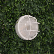 RUND White 18cm E27 IP54 Round Caged Black Bunker Light