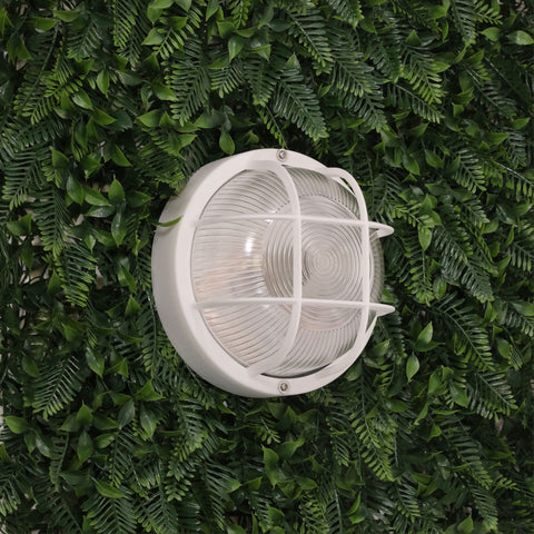 RUND White 18cm E27 IP54 Round Caged Black Bunker Light