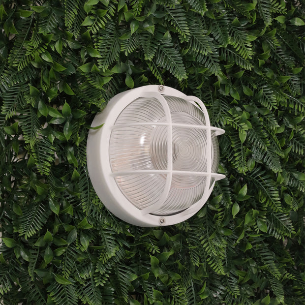 RUND White 18cm E27 IP54 Round Caged Black Bunker Light