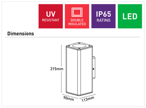 Piccolo II 2 x 6w 4000K GU10 LED Square Up/Down IP65 Wall Light