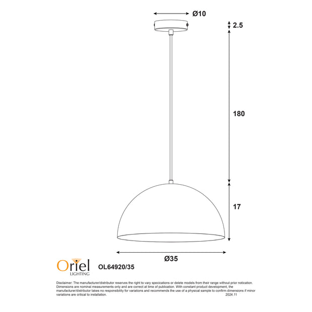 LEXI.35 Single White Metal Dome 35cm E27 Pendant