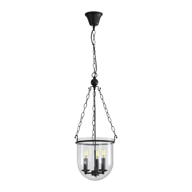 WESTON 3 Light E14 Single Bowl Black and Clear Glass Traditional Pendant