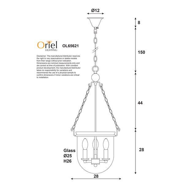 WESTON 3 Light E14 Single Bowl Black and Clear Glass Traditional Pendant