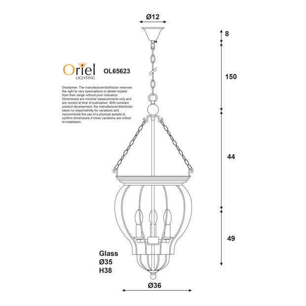 NEWHAM 3 Light E14 Black with Curved Glass Traditional Pendant