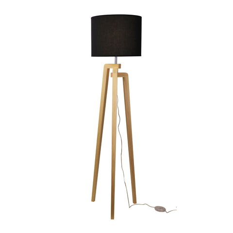 LUND Scandi Timber Tripod Floor Lamp Base with Black Shade