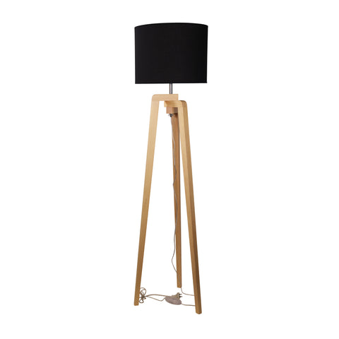 LUND Scandi Timber Tripod Floor Lamp Base with Black Shade