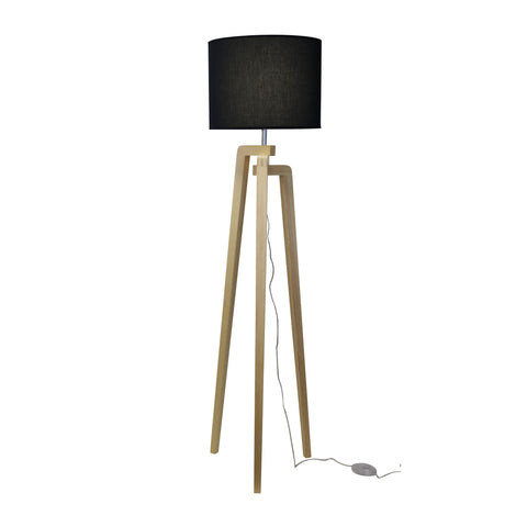 LUND Scandi Timber Tripod Floor Lamp Base with Black Shade