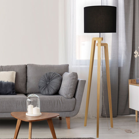 LUND Scandi Timber Tripod Floor Lamp Base with Black Shade