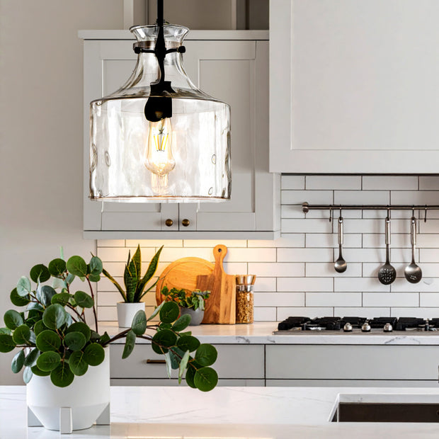 Perron 1LT Pendant E27 Black Matt / Clear Water Streak