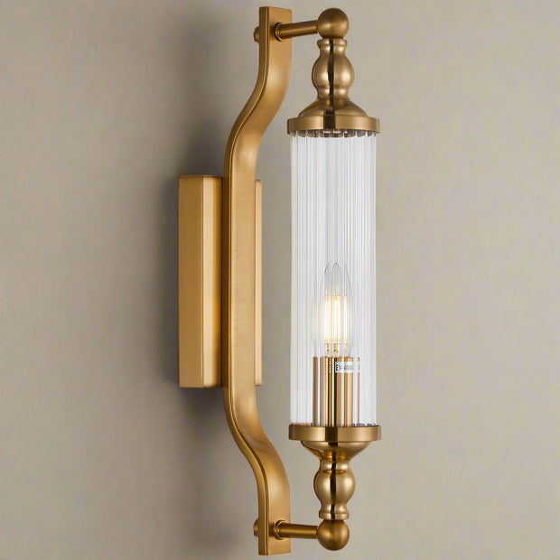 Rodillo Wall Light Tubular Ribbed Glass with Antique Brass