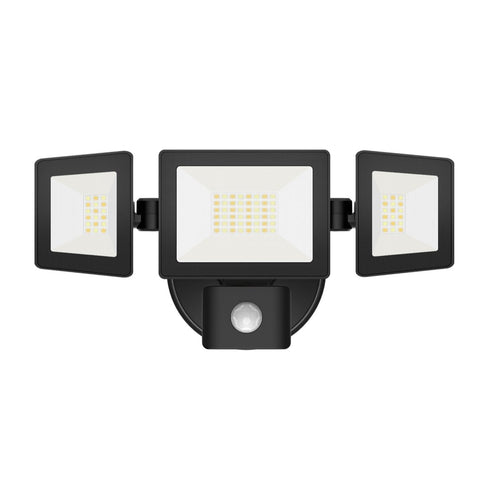 Security 30w CCT LED IP65 3 Head Flood with Sensor in Black